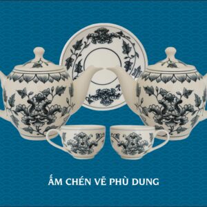 Bộ ấm chén gốm vẽ hoa phù dung gốm chu đậu