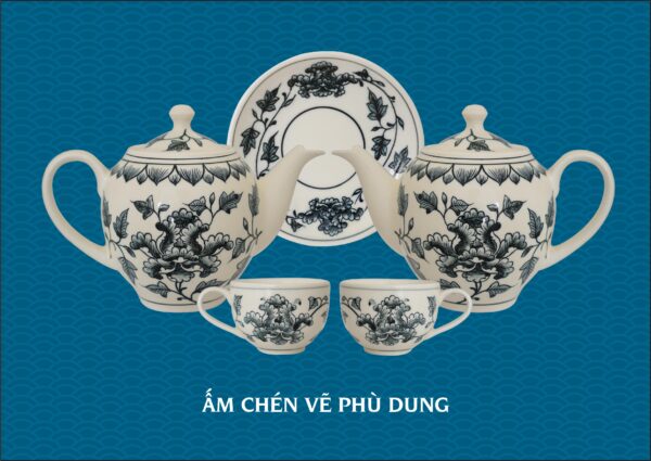 Bộ ấm chén gốm vẽ hoa phù dung gốm chu đậu