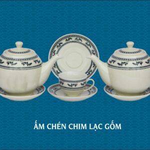 Bộ ấm chén gốm vẽ chim lạc gốm chu đậu