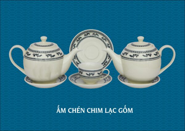 Bộ ấm chén gốm vẽ chim lạc gốm chu đậu