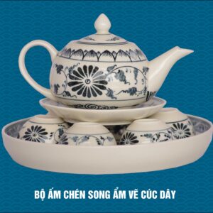 Bộ song ẩm vẽ hoa cúc dây gốm chu đậu