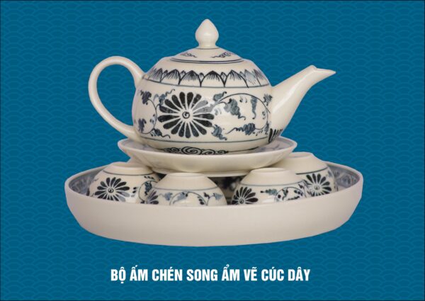 Bộ song ẩm vẽ hoa cúc dây gốm chu đậu