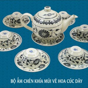 Bộ ấm chén gốm khía múi vẽ hoa cúc dây gốm chu đậu