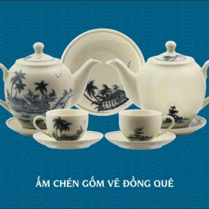 Bộ ấm chén gốm vẽ đồng quê gốm chu đậu