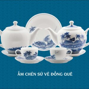 Bộ ấm chén sứ vẽ đồng quê gốm chu đậu