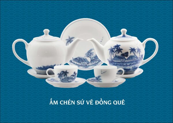 Bộ ấm chén sứ vẽ đồng quê gốm chu đậu