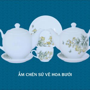 Bộ ấm chén sứ vẽ hoa bưởi gốm chu đậu