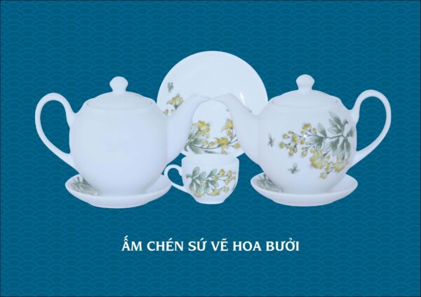 Bộ ấm chén sứ vẽ hoa bưởi gốm chu đậu