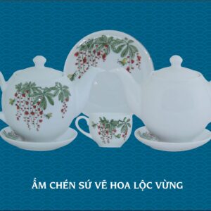 Bộ ấm chén sứ vẽ hoa lộc vừng gốm chu đậu