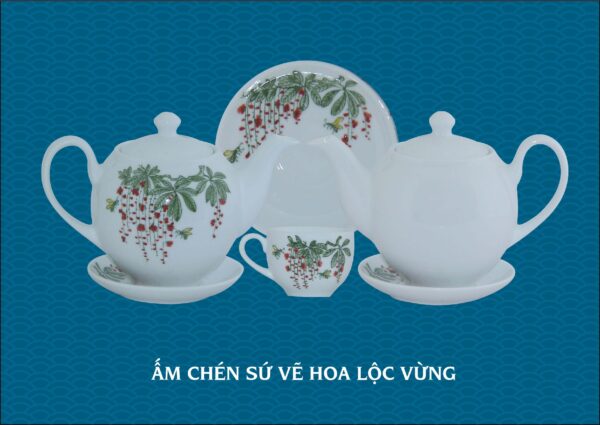 Bộ ấm chén sứ vẽ hoa lộc vừng gốm chu đậu