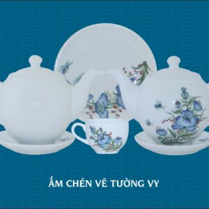 Bộ ấm chén sứ vẽ hoa tường vi gốm chu đậu