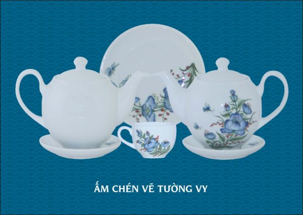 Bộ ấm chén sứ vẽ hoa tường vi gốm chu đậu