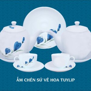 Bộ ấm chén sứ vẽ hoa tuylip gốm chu đậu