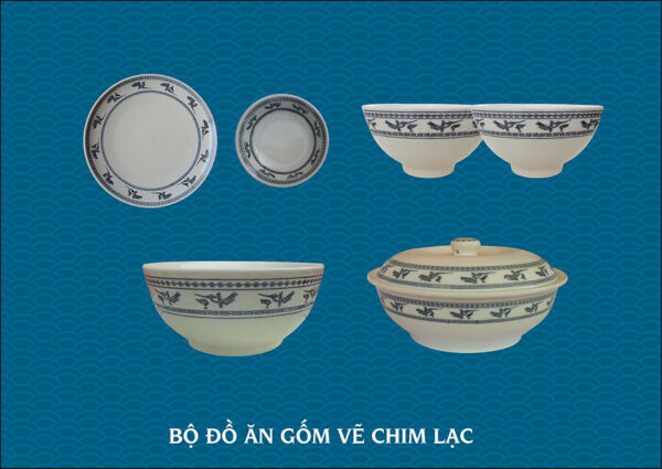 Bộ đồ ăn vẽ chim lạc gốm chu đậu