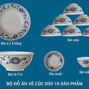 Bộ đồ ăn vẽ hoa cúc dây gốm chu đậu