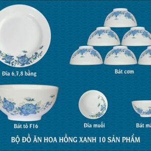 Bộ đồ ăn vẽ hoa hồng xanh gốm chu đậu