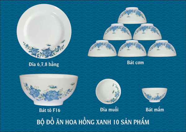 Bộ đồ ăn vẽ hoa hồng xanh gốm chu đậu