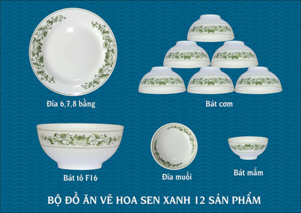 Bộ đồ ăn vẽ hoa sen xanh gốm chu đậu